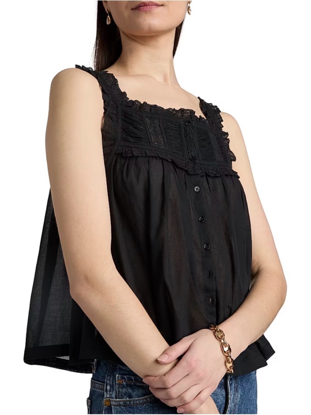 Doen Black Lace-Trim Button Front Women's Tank Top